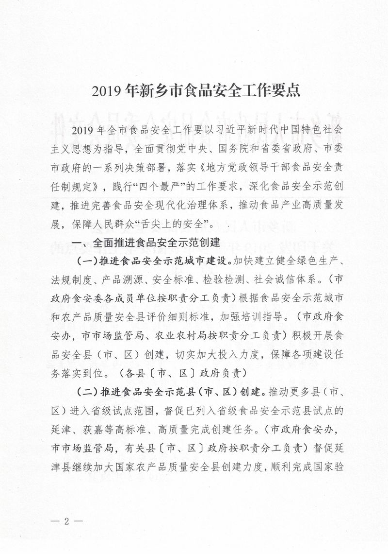 新政食安委〔2019〕5号  关于印发2019年新乡市食品安全工作要点的通知_page-0002